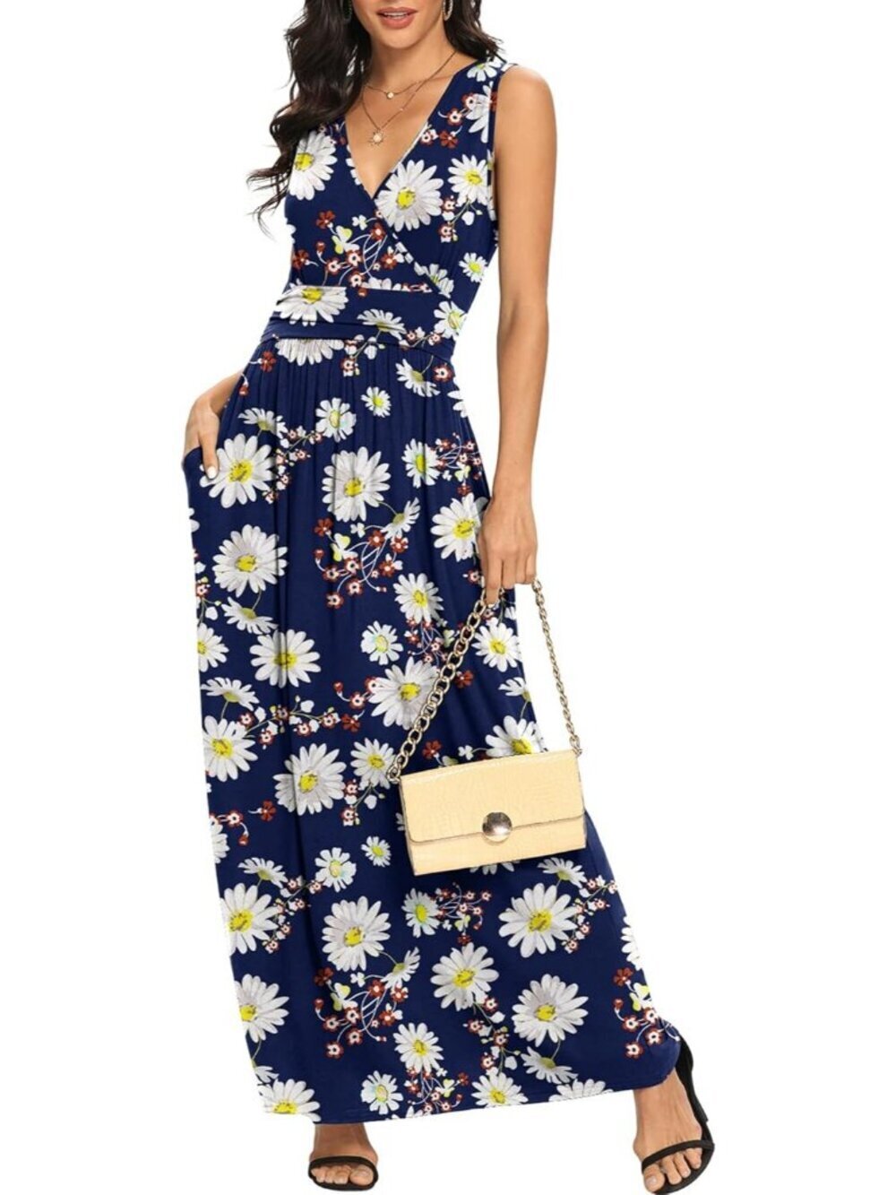 Lilbetter Women's Flower Navy Daisy Sleeveless Deep Loose Plain Max Casual Dress